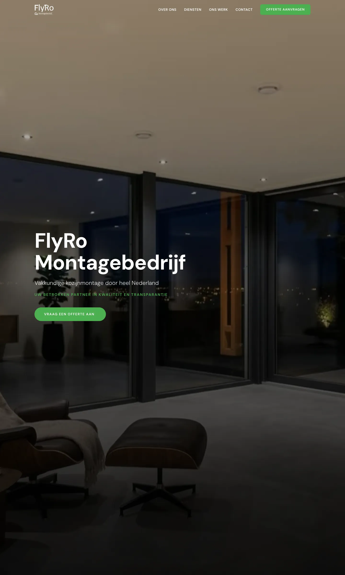 Homepage van FlyRo Montagebedrijf, met de projecten van het bedrijf groot in beeld.
